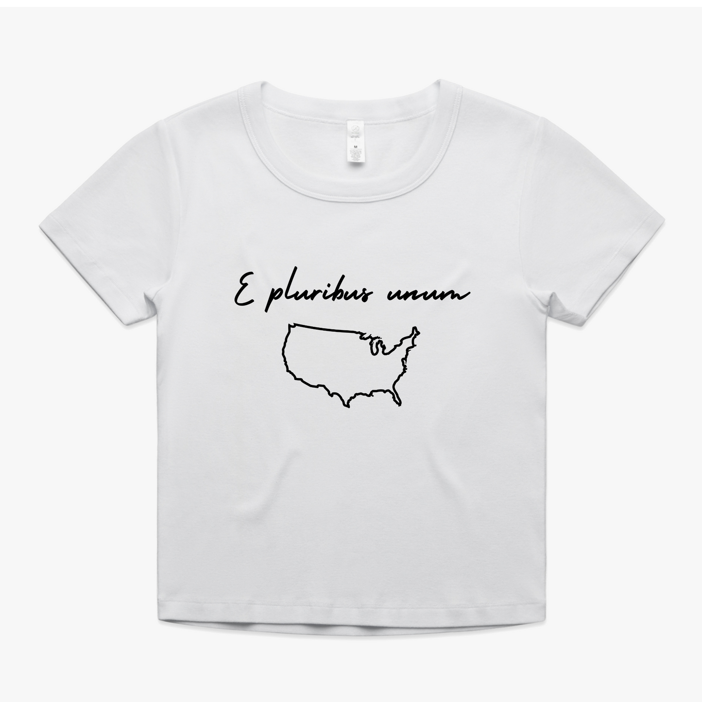 E Pluribus Unum organic baby tee featuring a USA outline, symbolizing unity and resistance.