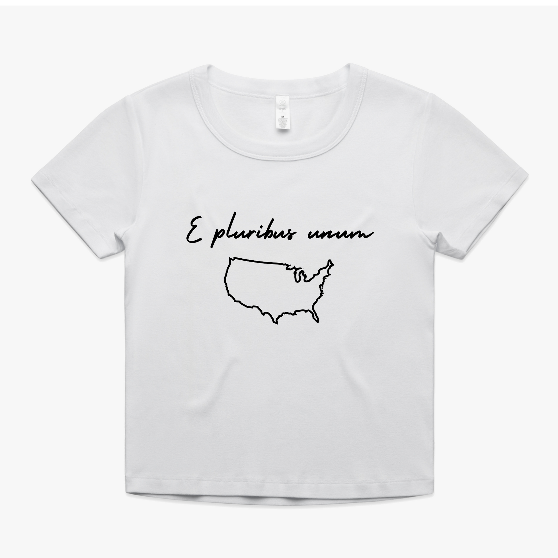 E Pluribus Unum organic baby tee featuring a USA outline, symbolizing unity and resistance.