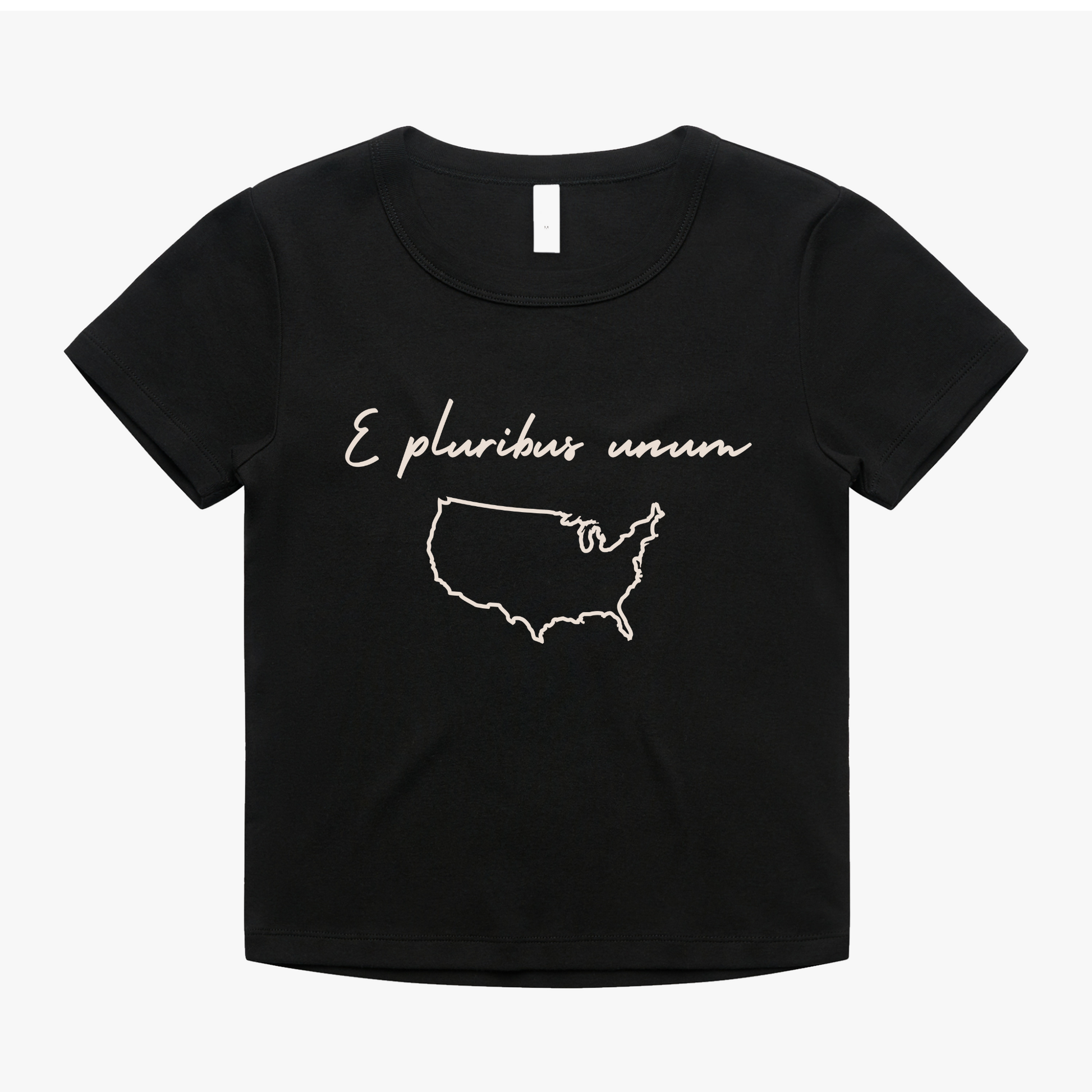 E Pluribus Unum baby tee in black showcasing a hand-drawn US outline, symbolizing unity and freedom.