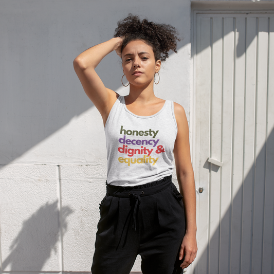 Model wearing a Values of Democracy organic cotton tank top with honesty, decency, dignity, and equality text.
